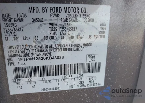 2006 Ford F-150 Lariat/Xlt from USA, damaged, VIN 1FTPW12526KB43038